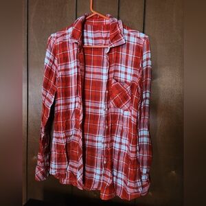 Reddish orange and white plaid button up